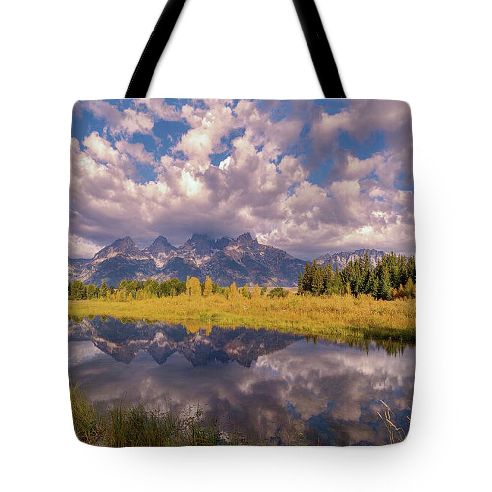 Olena Art Tote Bag featuring the photograph The Grand Tetons National Park Autumn OLena Art Fall Colors Photography by Lena Owens - OLena Art Vibrant Palette Knife and Graphic Design