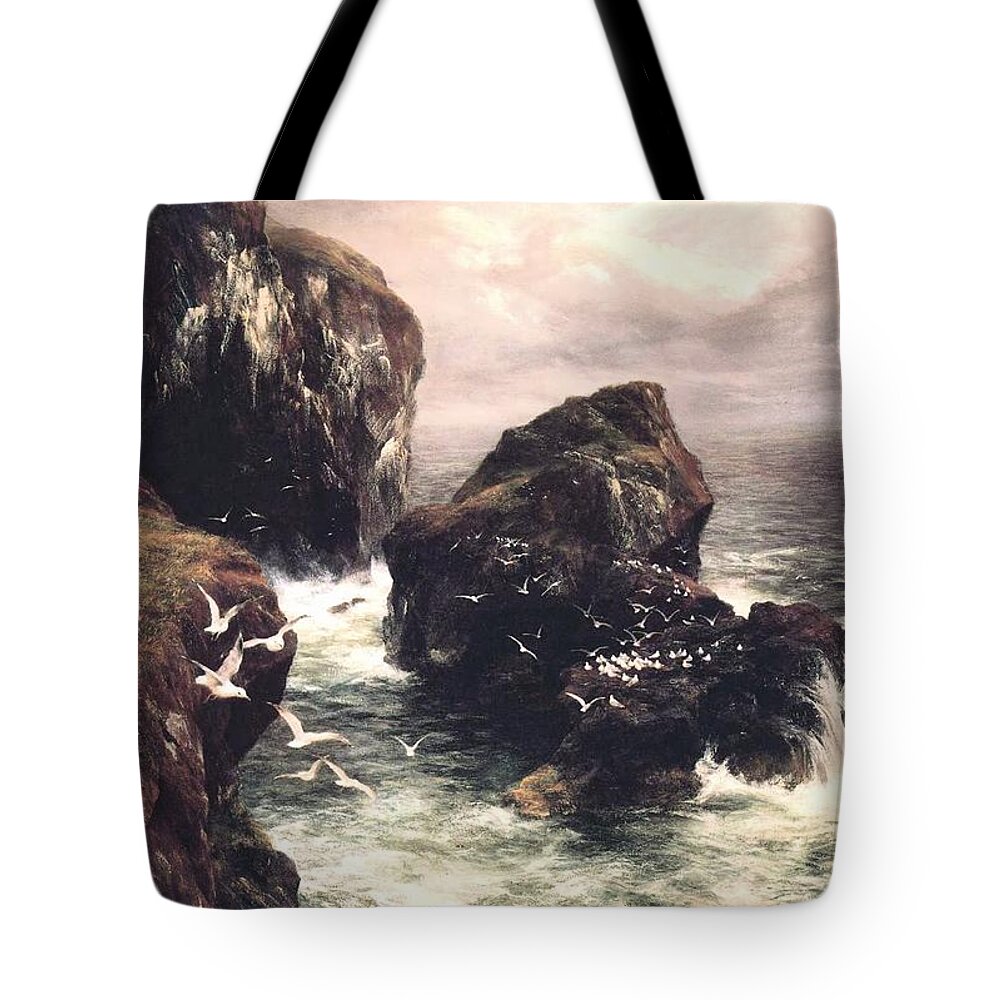 Peter Graham - The Grass Crown Headland Of A Rocky Shore Tote Bag featuring the painting The Grass Crown Headland of a Rocky Shore by MotionAge Designs