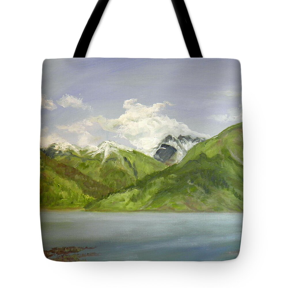 Clouds Light Shadow Mountains Water Sea Rocks Seaweed Trees Dirt Ground Green Brown Blue Sky Snow White Yellow Milky Nature Landscape Tote Bag featuring the painting The Inlet by Ida Eriksen