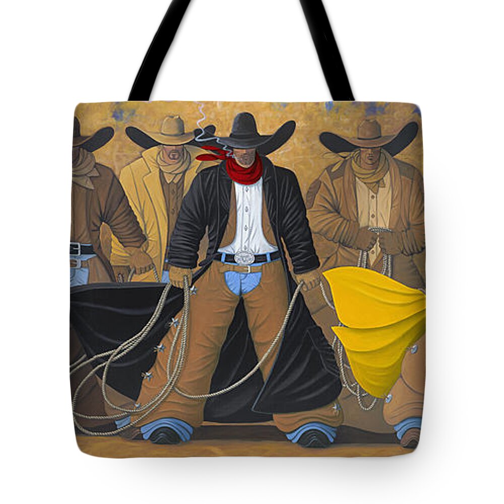 Large Cowboy Painting Of Six Cowboys. Tote Bag featuring the painting The Posse by Lance Headlee