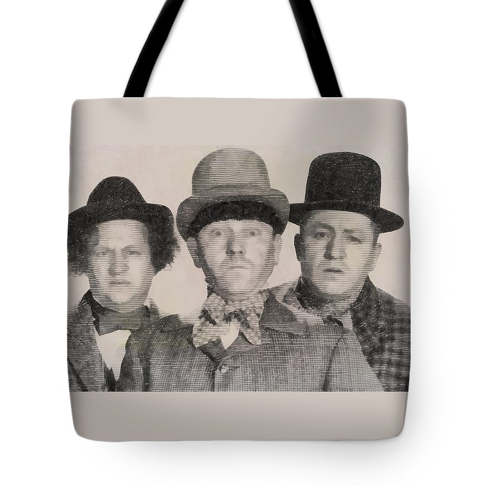 Three Tote Bag featuring the drawing The Three Stooges Hollywood Legends #3 by Esoterica Art Agency