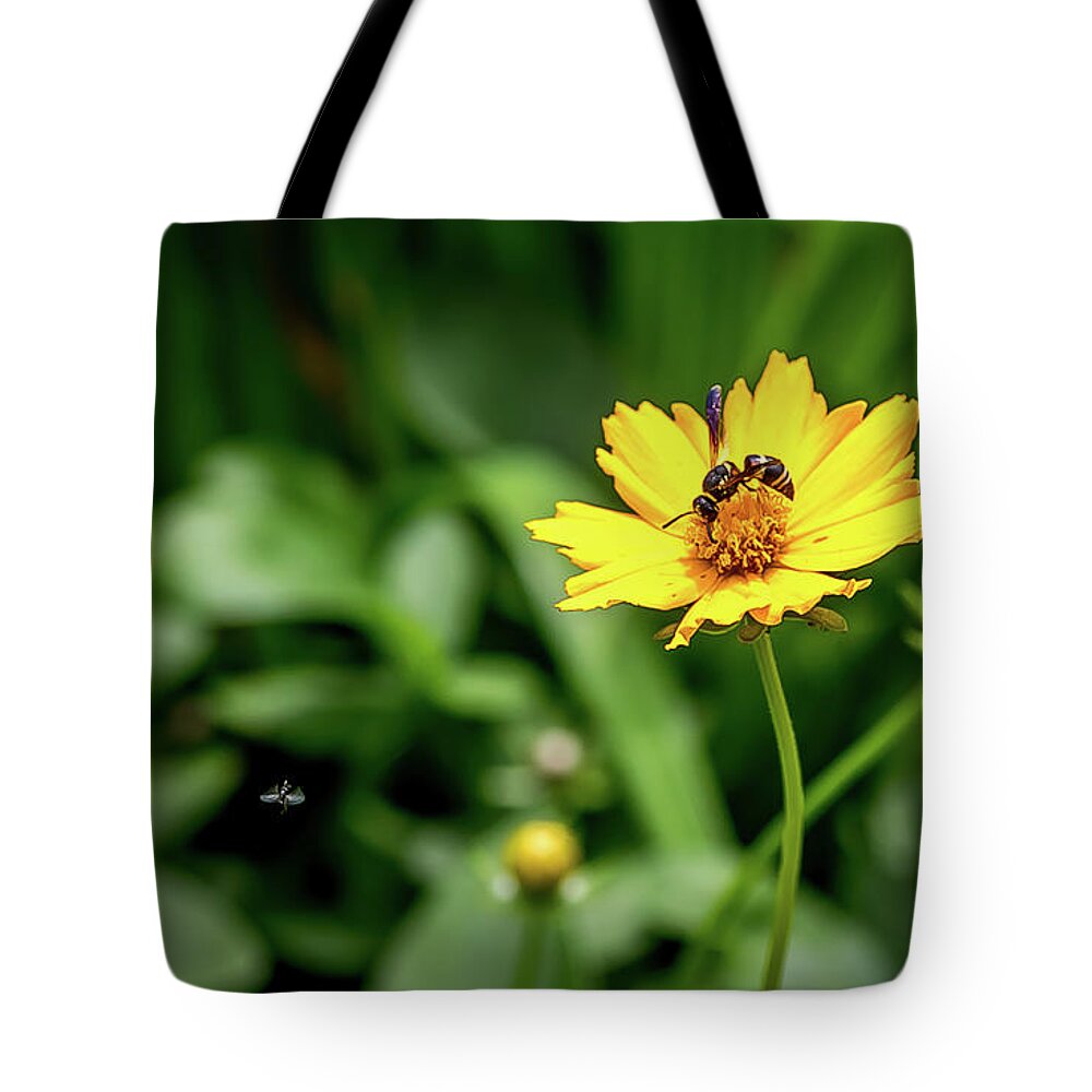Flower Tote Bag featuring the digital art The Wasp and the Fly #1 by Ed Stines