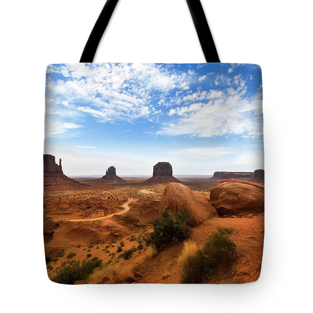 Monument Valley Tote Bag featuring the photograph Thin Line by Micah Offman