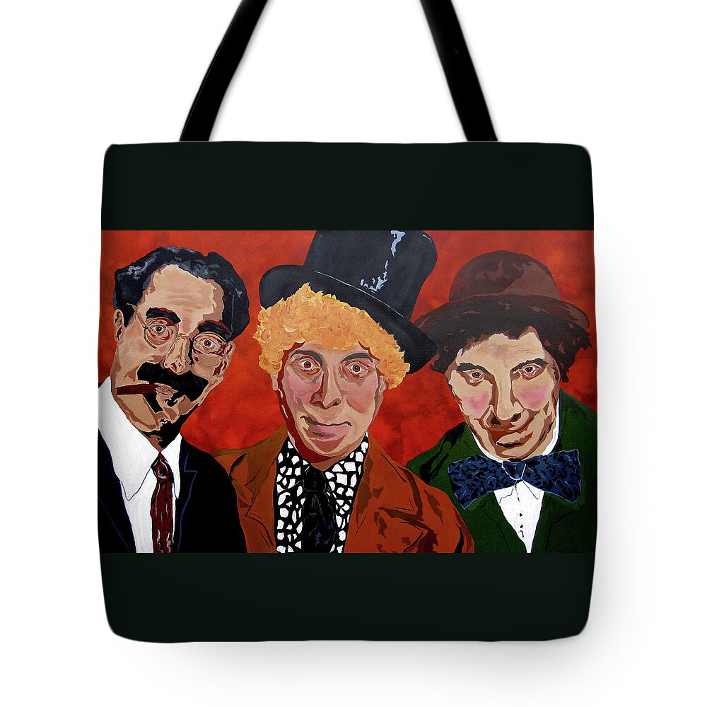 Marx Brothers Tote Bag featuring the painting Three's Comedy by Bill Manson