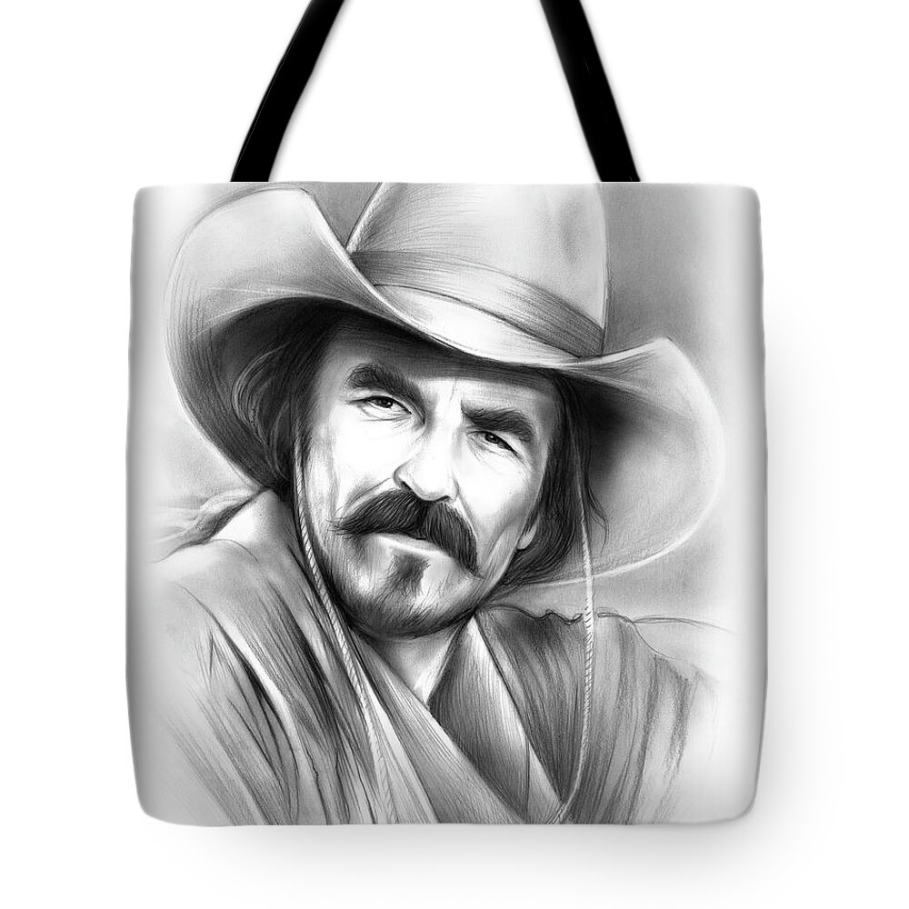 Tom Selleck Tote Bag featuring the drawing Tom Selleck #1 by Greg Joens