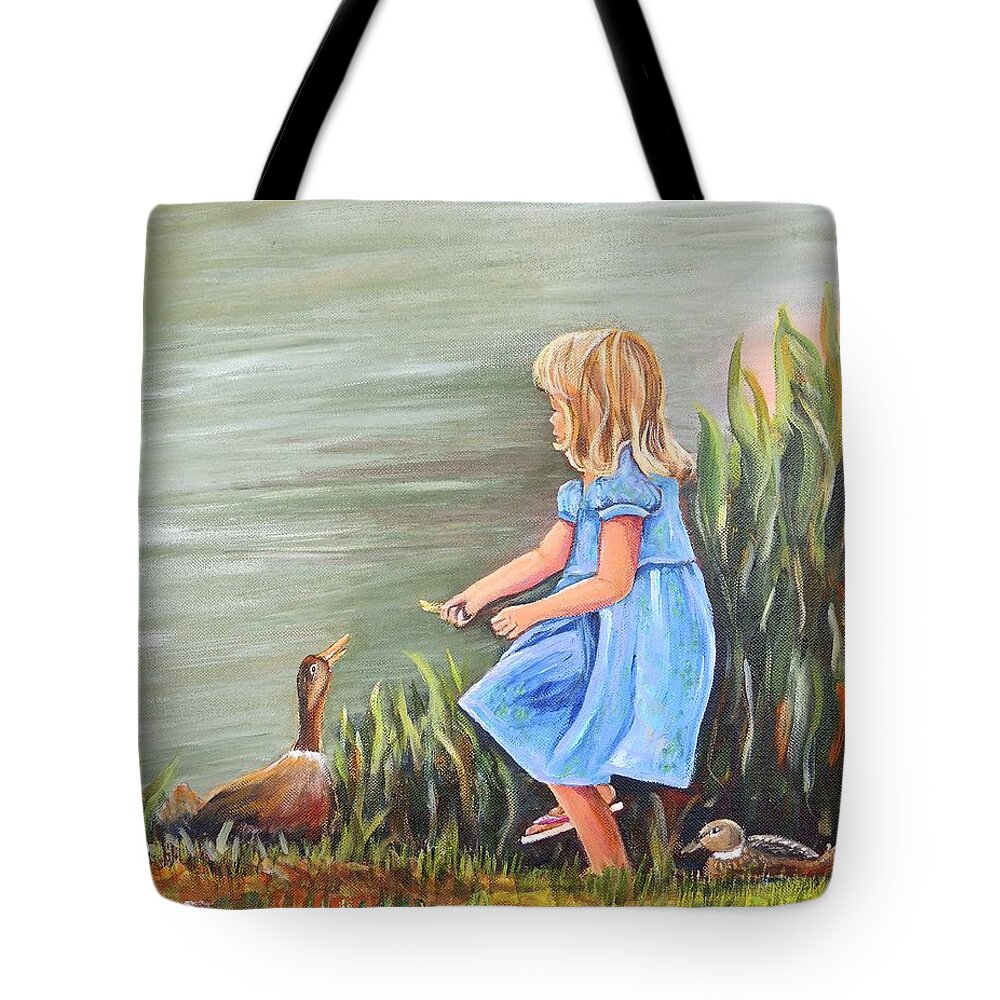 Ducks Tote Bag featuring the painting Tori and her ducks by Patricia Piffath