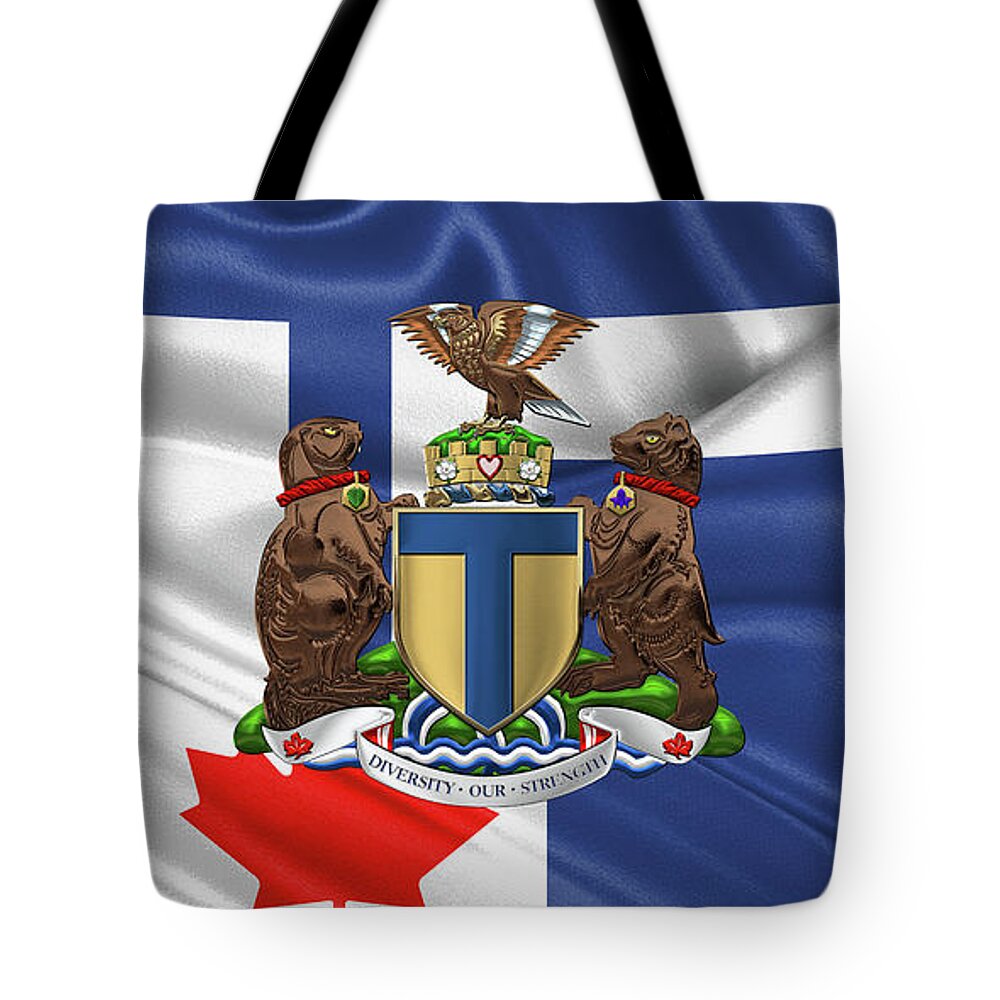'cities Of The World' Collection By Serge Averbukh Tote Bag featuring the photograph Toronto - Coat of Arms over City of Toronto Flag by Serge Averbukh