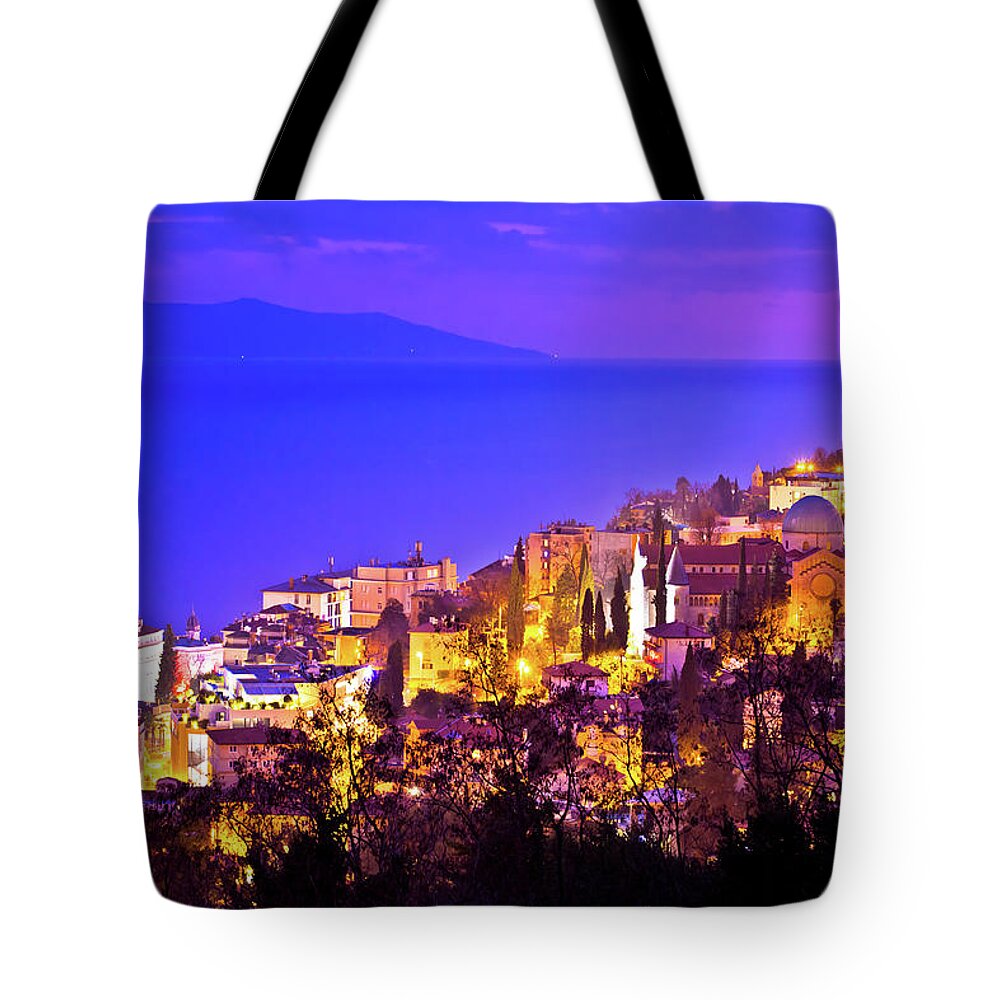Opatija Tote Bag featuring the photograph Town of Opatija cathedral evening view #1 by Brch Photography
