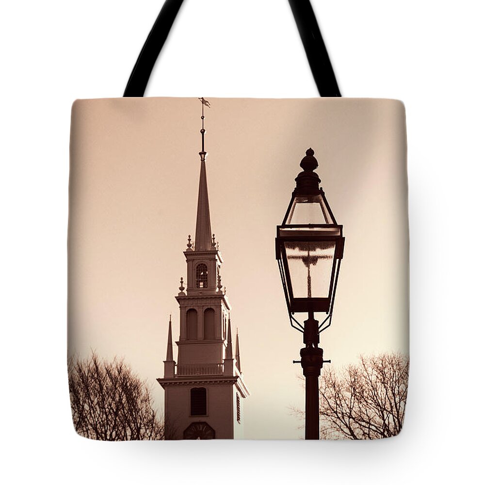 Trinity Church Tote Bag featuring the photograph Trinity Church Newport with Lamp #1 by Nancy De Flon
