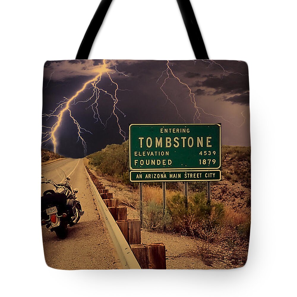 Tombstone Arizona Tote Bag featuring the digital art Trouble In Tombstone by Gary Baird
