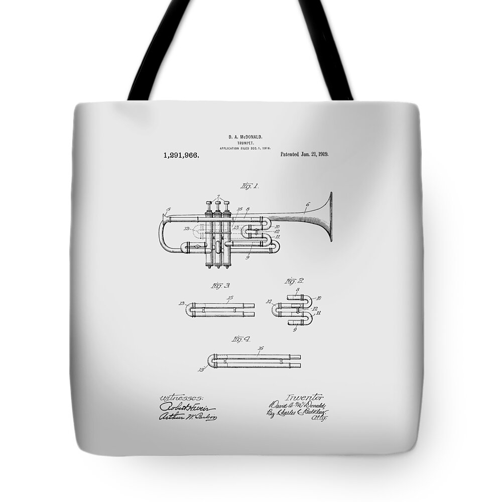 Trumpet Tote Bag featuring the photograph Trumpet patent from 1919 #2 by Chris Smith