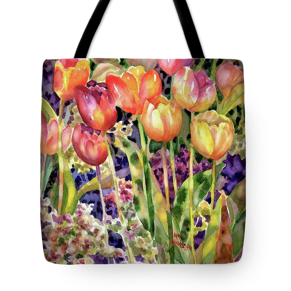 Watercolor Tote Bag featuring the painting Tulips #1 by Ann Nicholson