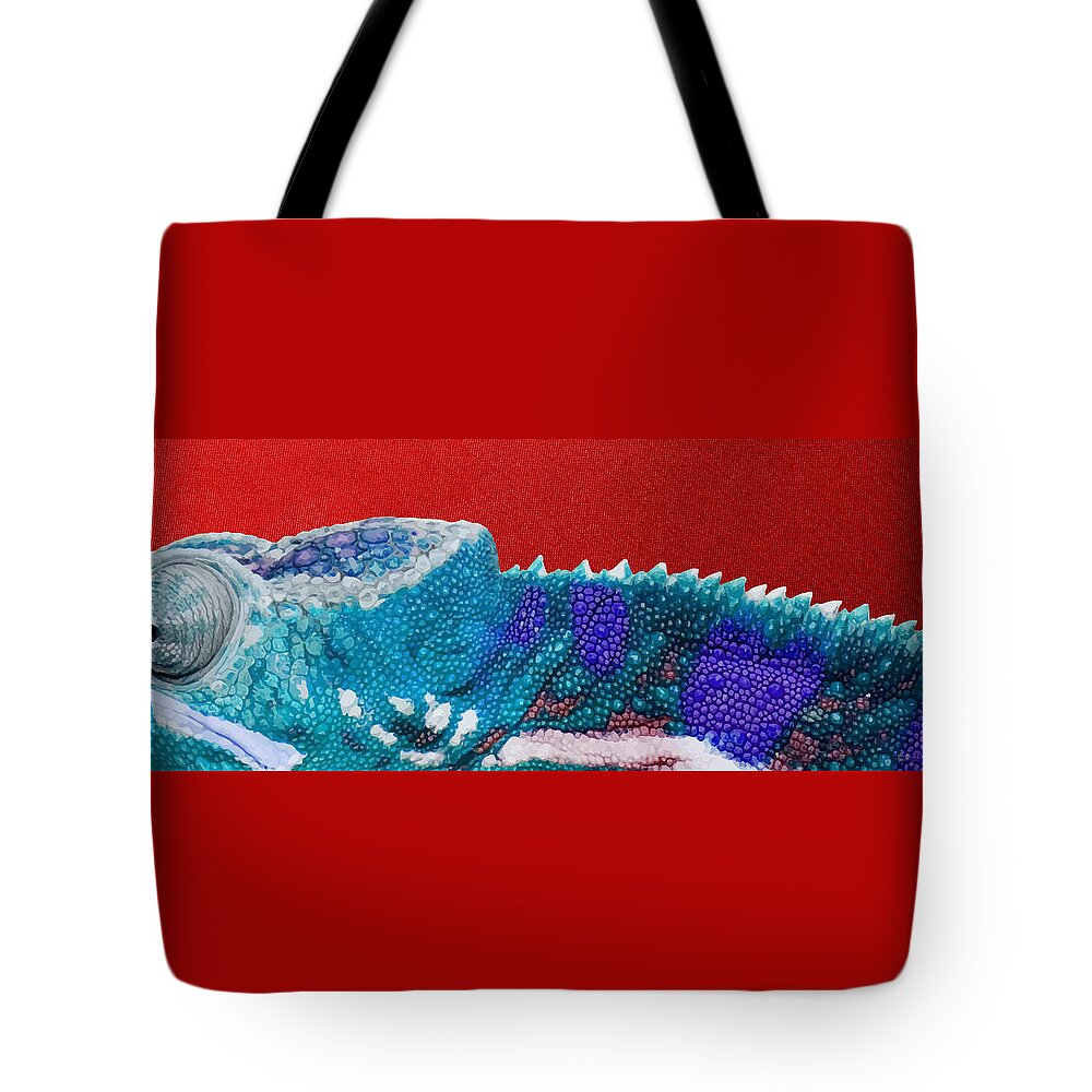 �beasts Tote Bag featuring the photograph Turquoise Chameleon on Red by Serge Averbukh