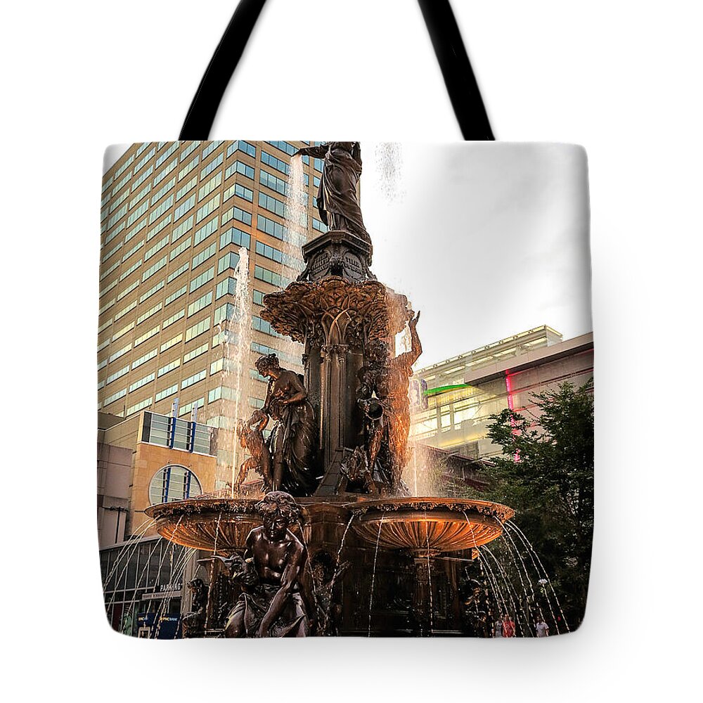 Cincinnati Tote Bag featuring the photograph Tyler Davidson Fountain #1 by Keith Allen