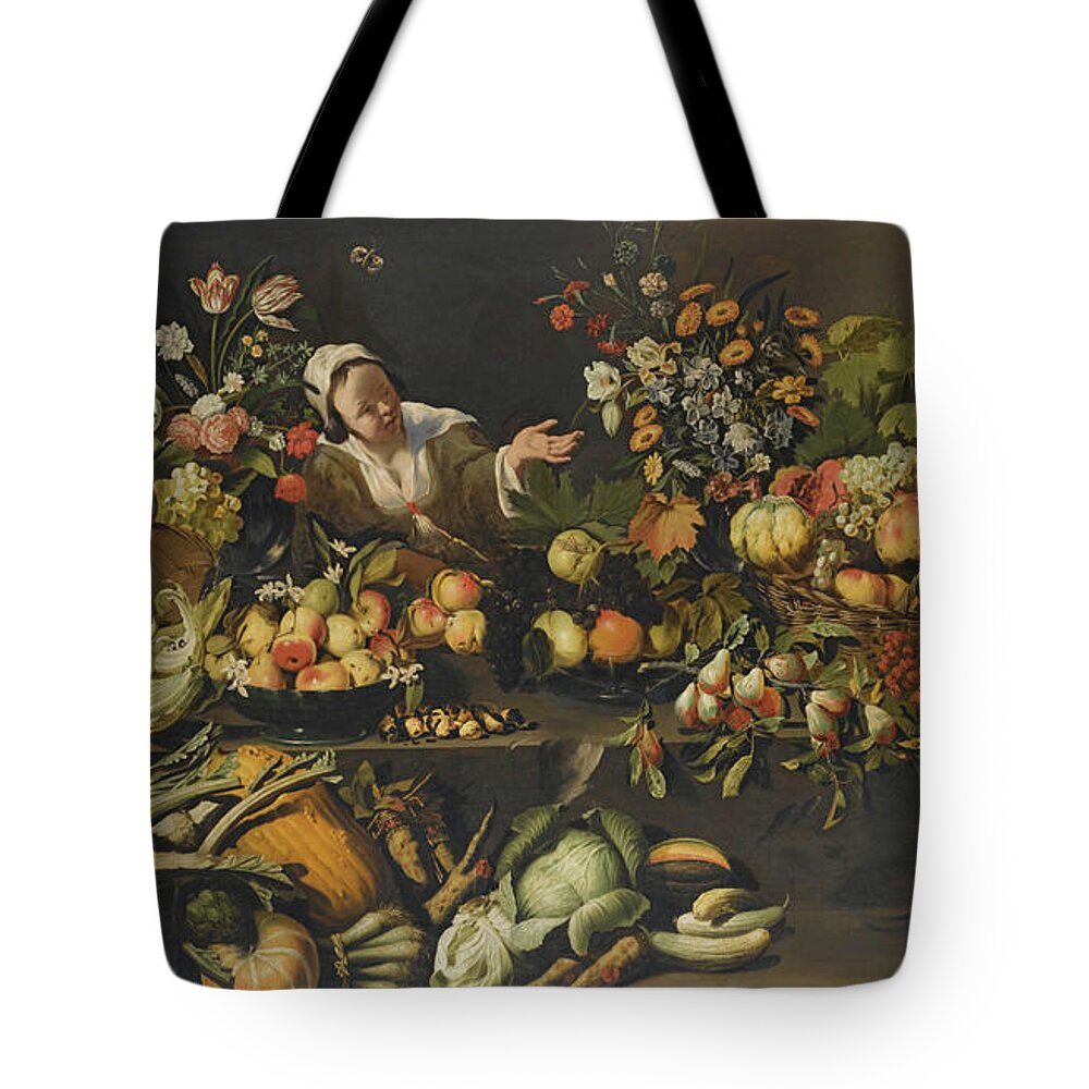 Italo - Flemish School Tote Bag featuring the painting Vegetables And Flowers Arranged #1 by MotionAge Designs