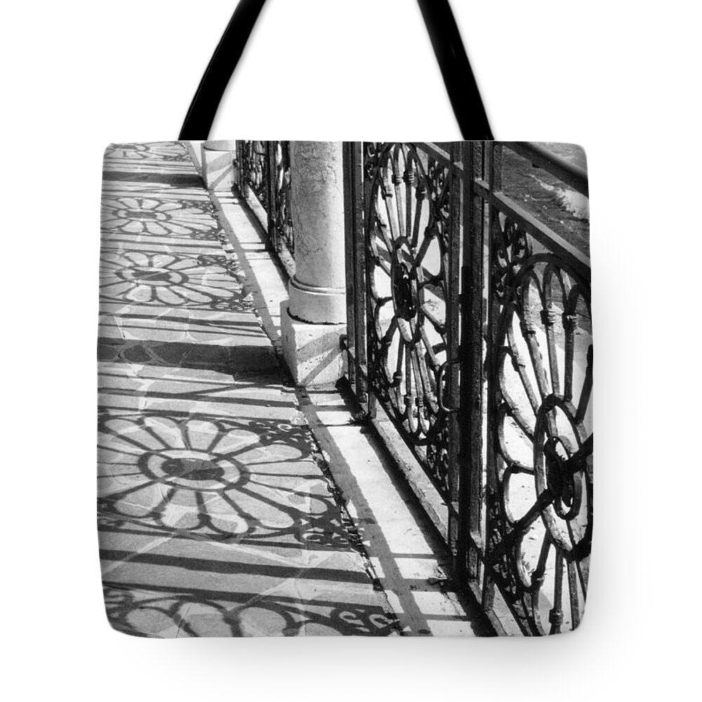 Fence Tote Bag featuring the photograph Venice Fence Shadows #1 by Lauri Novak