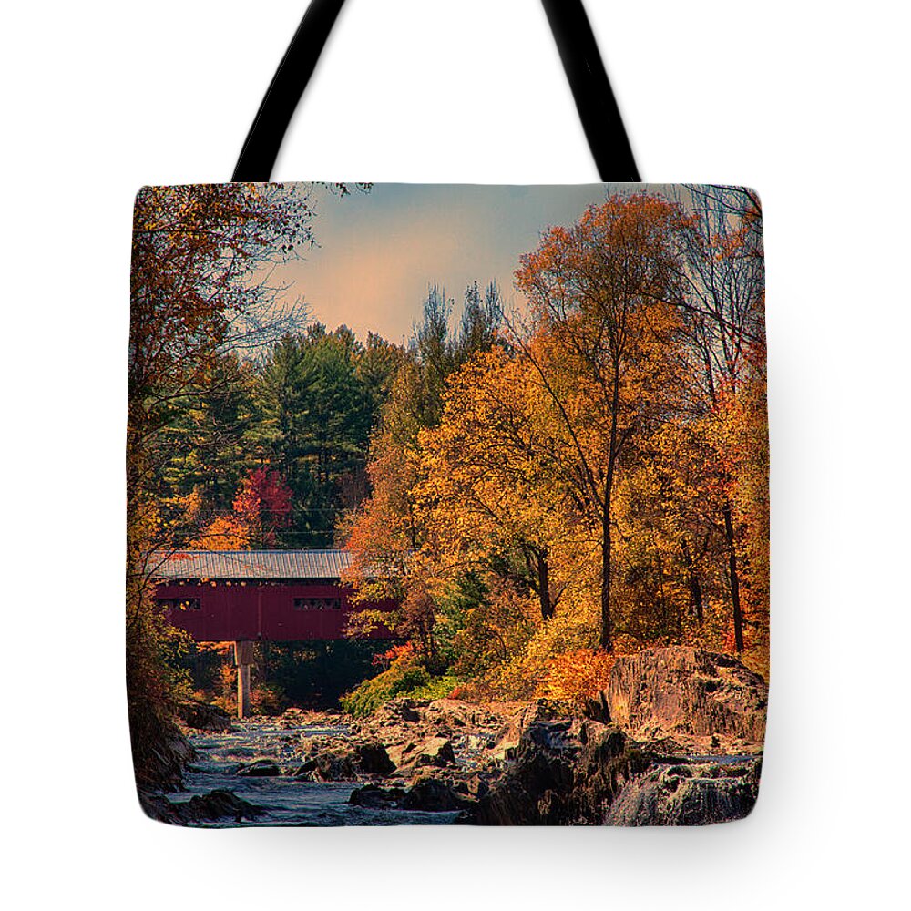 Northfield Falls Covered Bridge Tote Bag featuring the photograph Vermont covered bridge over the Dog River #4 by Jeff Folger