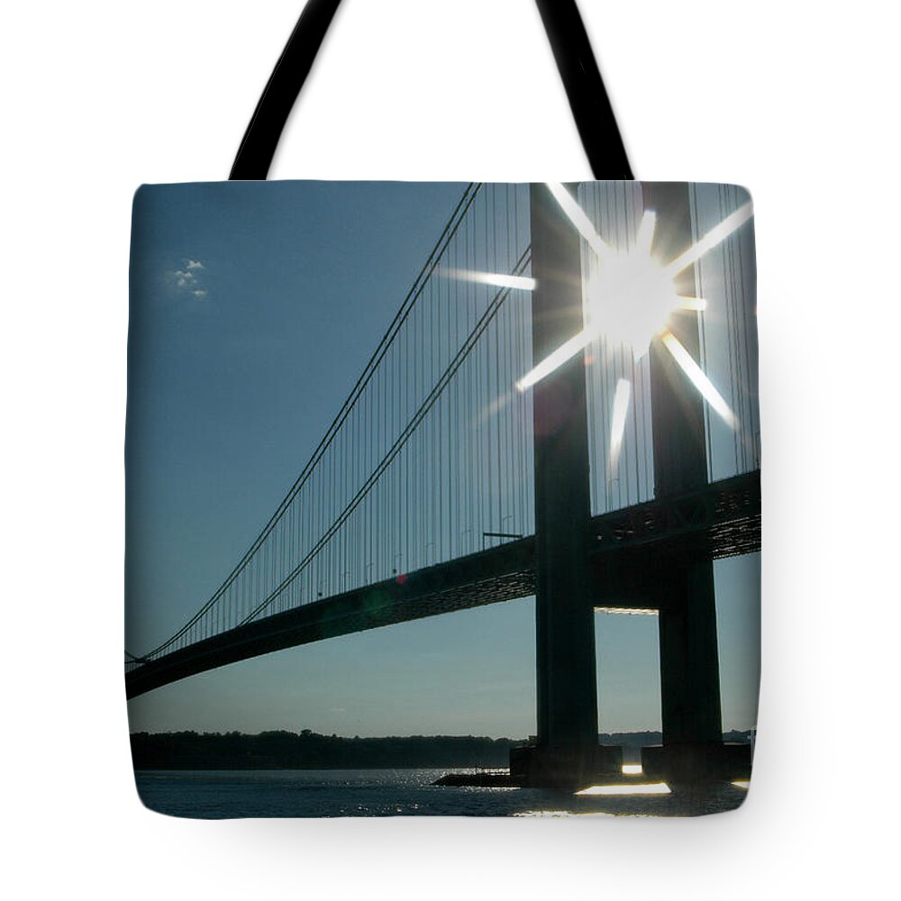 Bridge Water Tote Bag featuring the photograph Verrazano Bridge Starburst by Mark Gilman