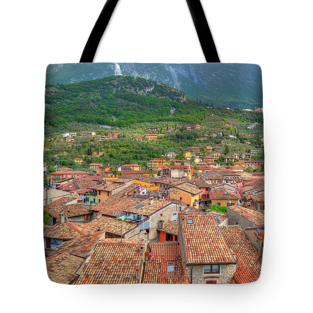 Architecture Tote Bag featuring the photograph view over the red roofs of Malcesine at the east bank of the Lake Garda #1 by Gina Koch