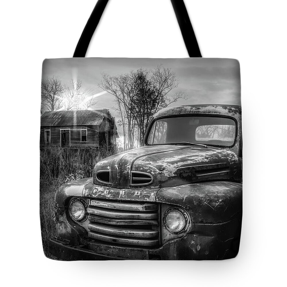 1948 Tote Bag featuring the photograph Vintage Classic Ford Pickup Truck in Black and White by Debra and Dave Vanderlaan