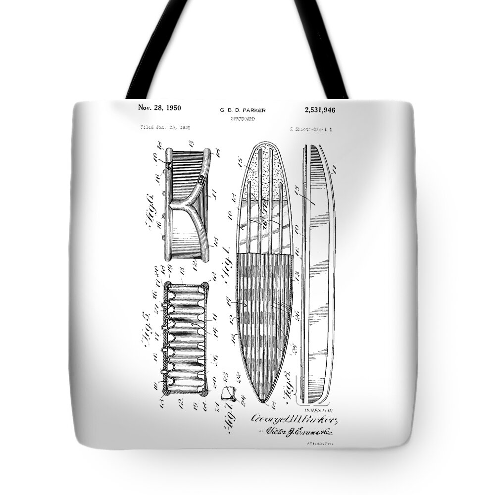 Vintage Tote Bag featuring the photograph Vintage Surf Board Patent 1950 #1 by Bill Cannon