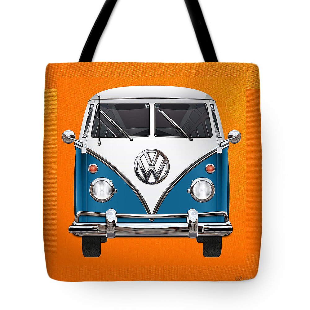 'volkswagen Type 2' Collection By Serge Averbukh Tote Bag featuring the photograph Volkswagen Type 2 - Blue and White Volkswagen T 1 Samba Bus over Orange Canvas #1 by Serge Averbukh