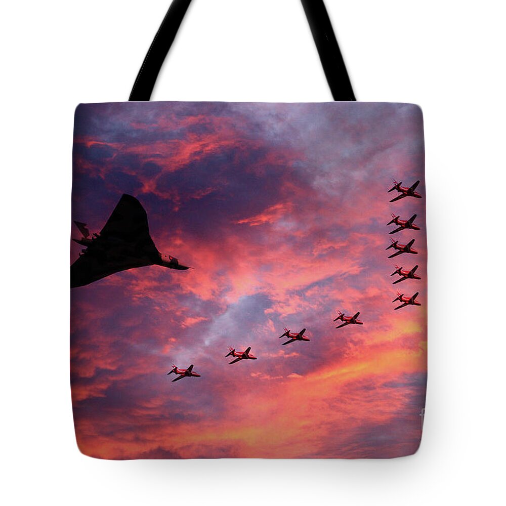 Avro Vulcan Bomber Xh558 Sunset Formation With The Red Arrows Tote Bag featuring the digital art Vulcan XH558 and Red Arrows #1 by Airpower Art