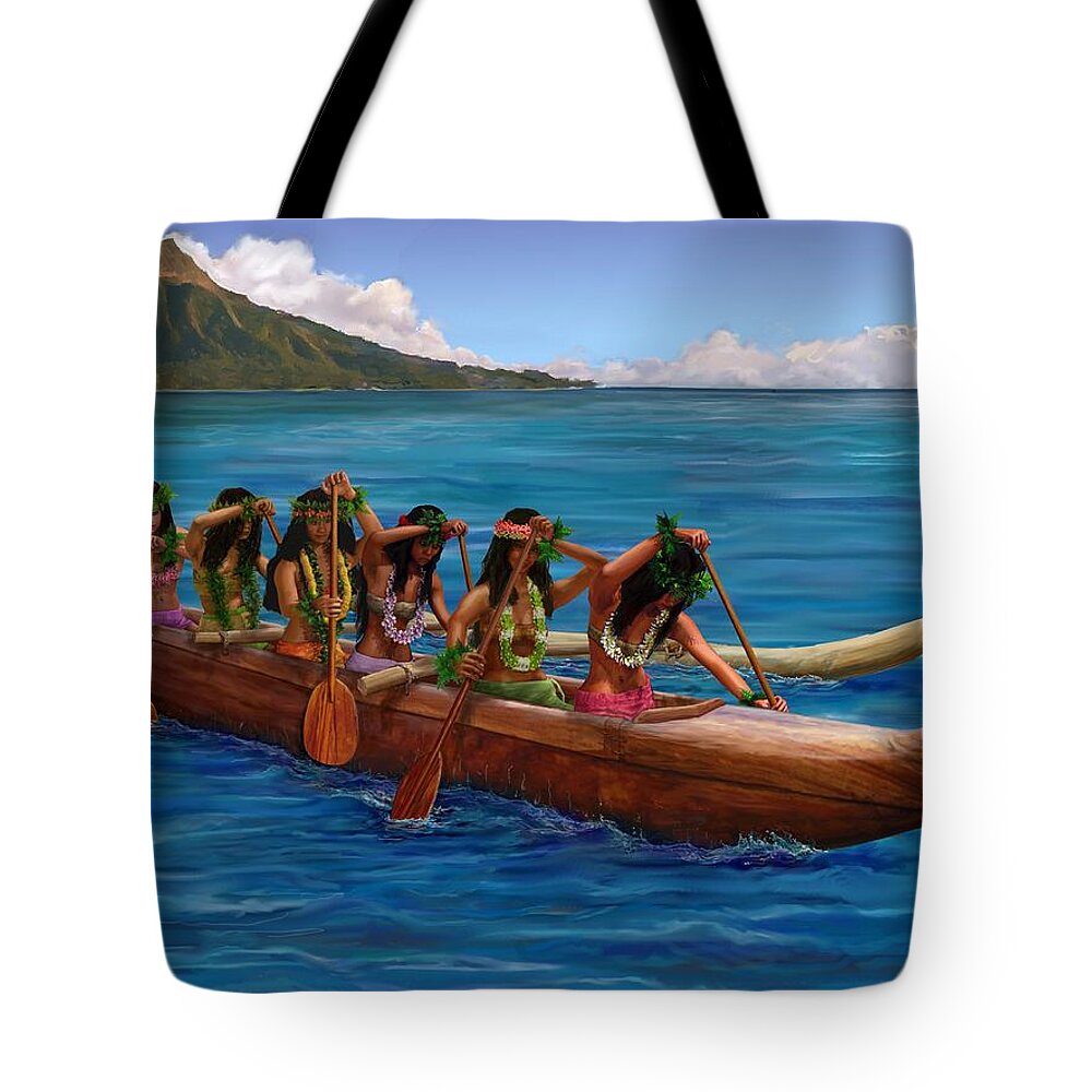 Hawaii Tote Bag featuring the painting Wahine Hawaiian Canoe Paddlers by Stephen Jorgensen