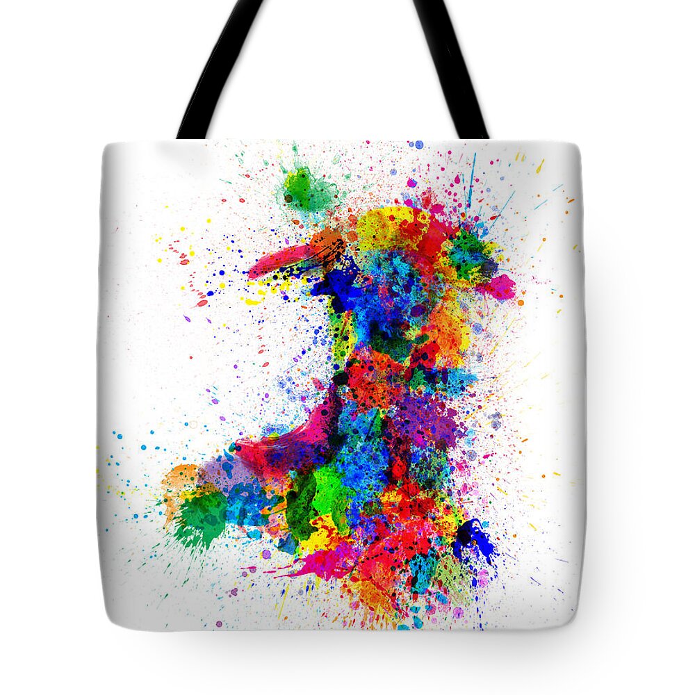 Map Art Tote Bag featuring the digital art Wales Paint Splashes Map by Michael Tompsett