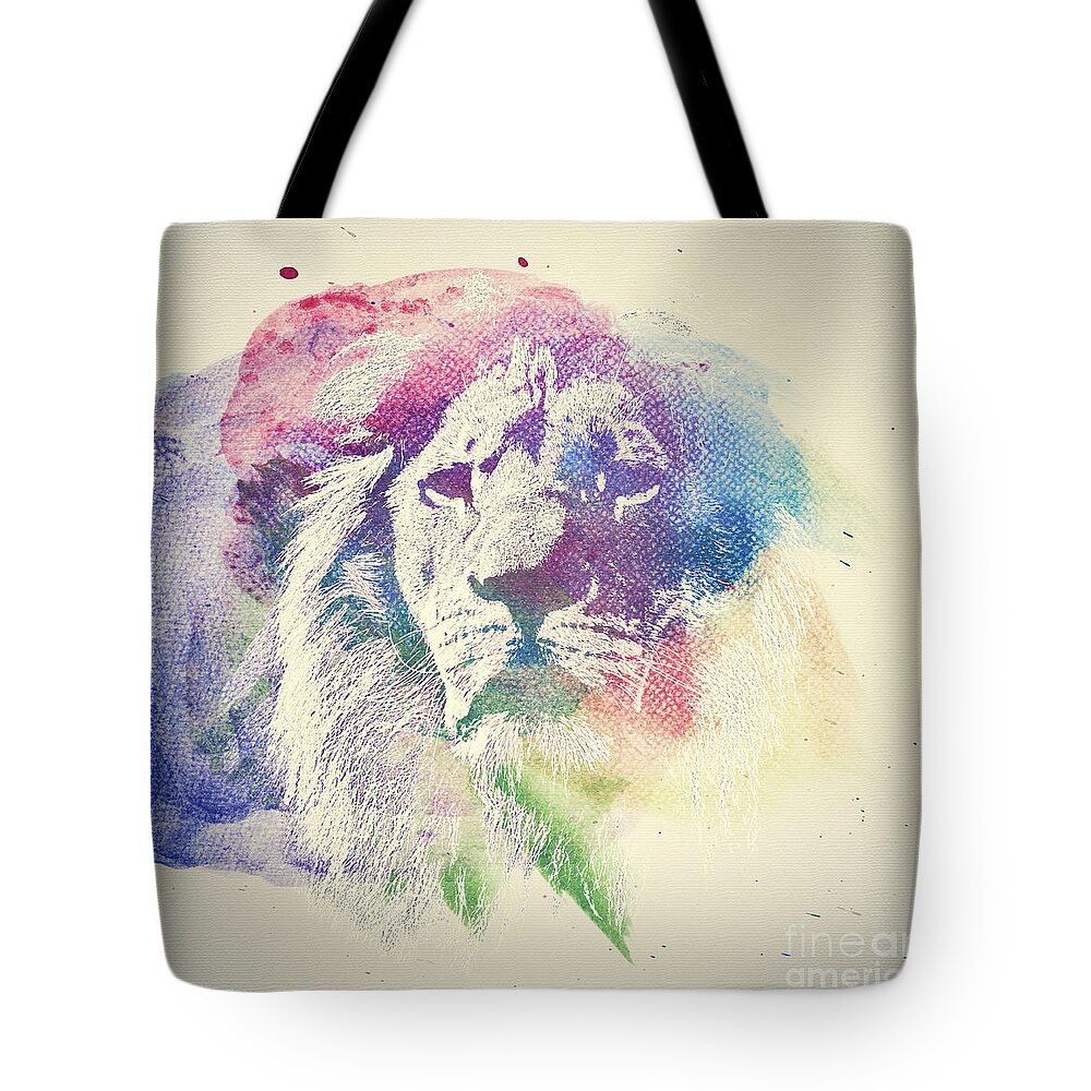 Lion Tote Bag featuring the photograph Watercolor painting of lion. Abstract, colorful art #1 by Michal Bednarek