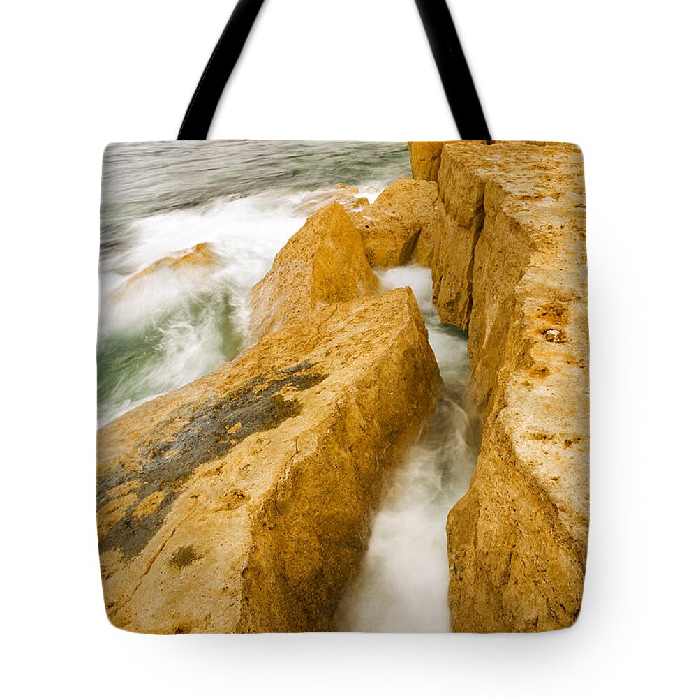 Pulpit Tote Bag featuring the photograph Waves crashing over Portland Bill #1 by Ian Middleton
