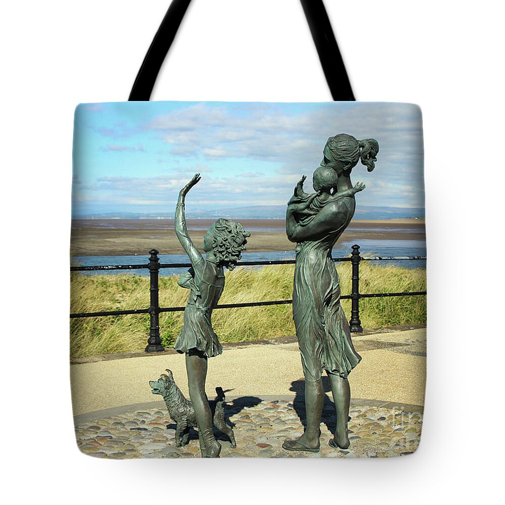 Welcome Tote Bag featuring the photograph Welcome Home Statue by Anita Lafford on the promenade at Fleetwood - England #1 by Doc Braham