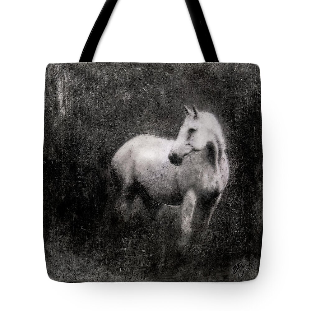 Horse Tote Bag featuring the mixed media White Horse #1 by Roseanne Jones