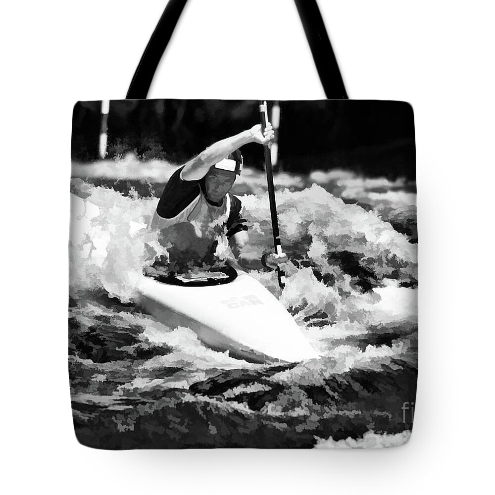 Kayak Tote Bag featuring the digital art Whitewater kayaker #2 by Les Palenik