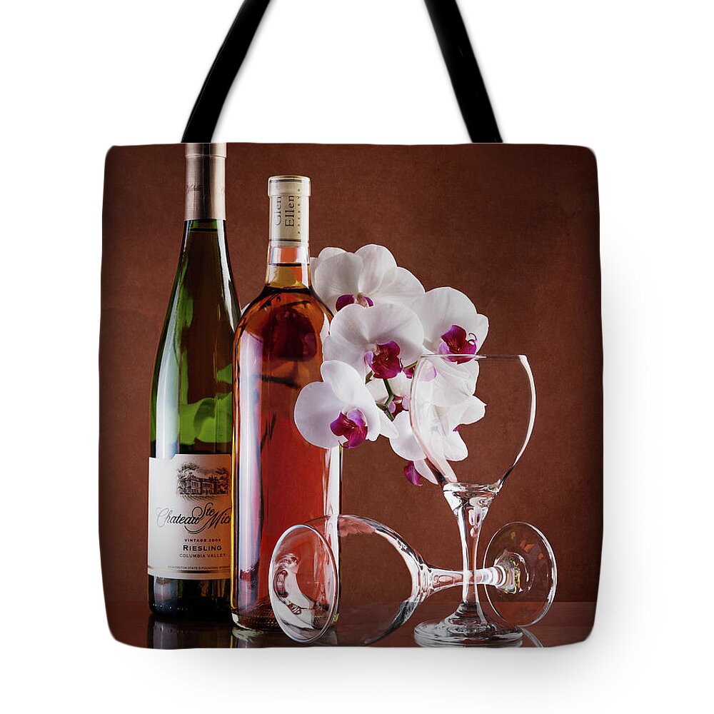 Alcohol Tote Bag featuring the photograph Wine and Orchids Still Life by Tom Mc Nemar