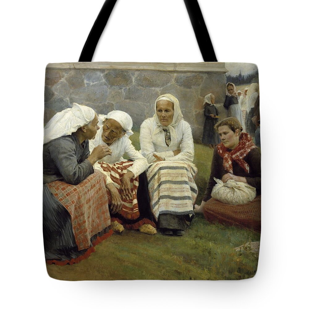 Albert Edelfelt Tote Bag featuring the painting Women Outside the Church at Ruokolahti by MotionAge Designs