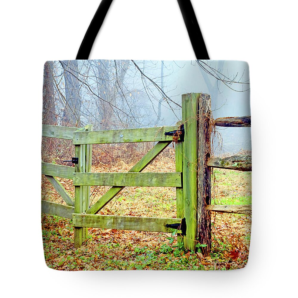 Wooden Tote Bag featuring the photograph Wooden Fence on a Foggy Morning #1 by A Macarthur Gurmankin