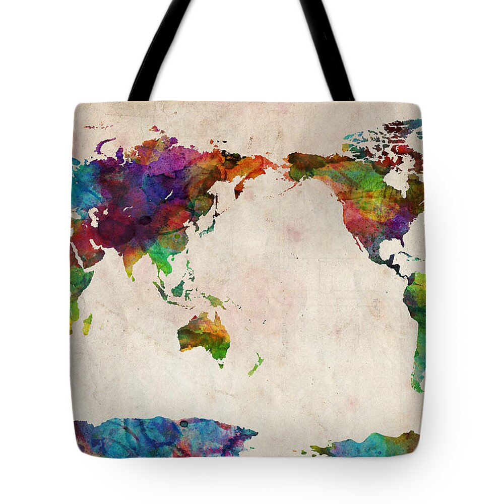 Map Of The World Tote Bag featuring the digital art World Map Urban Watercolor Pacific by Michael Tompsett