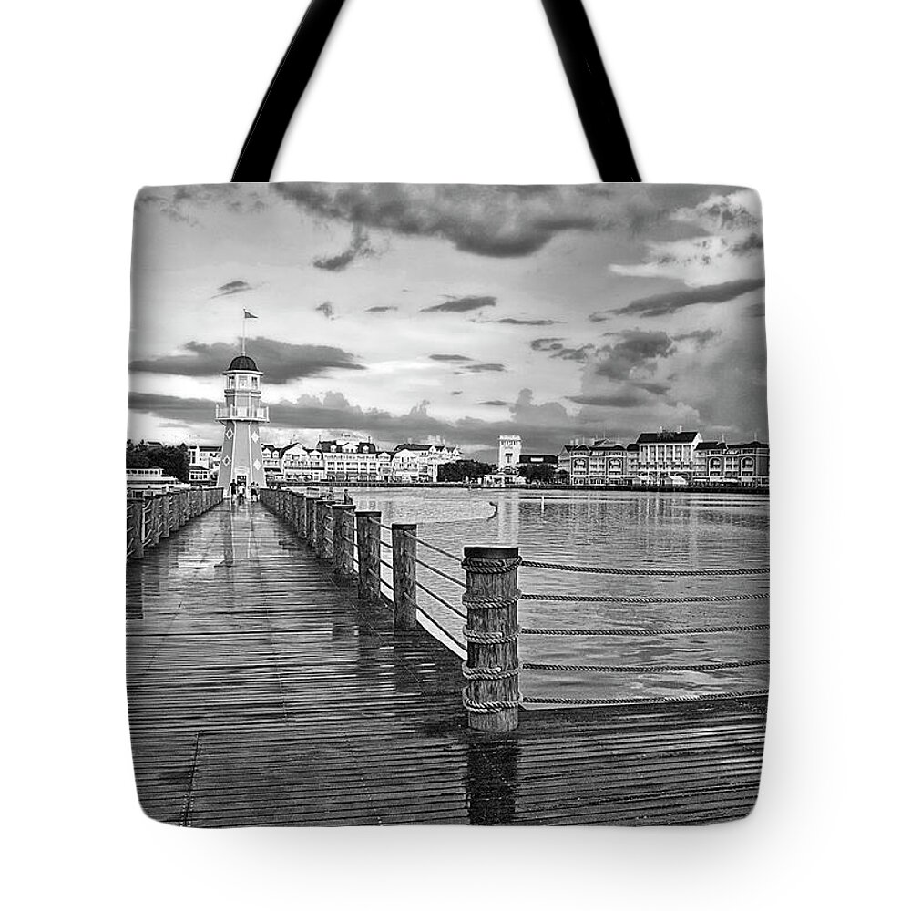 Black And White Tote Bag featuring the photograph Yacht and Beach Lighthouse in Black and White Walt Disney World MP by Thomas Woolworth