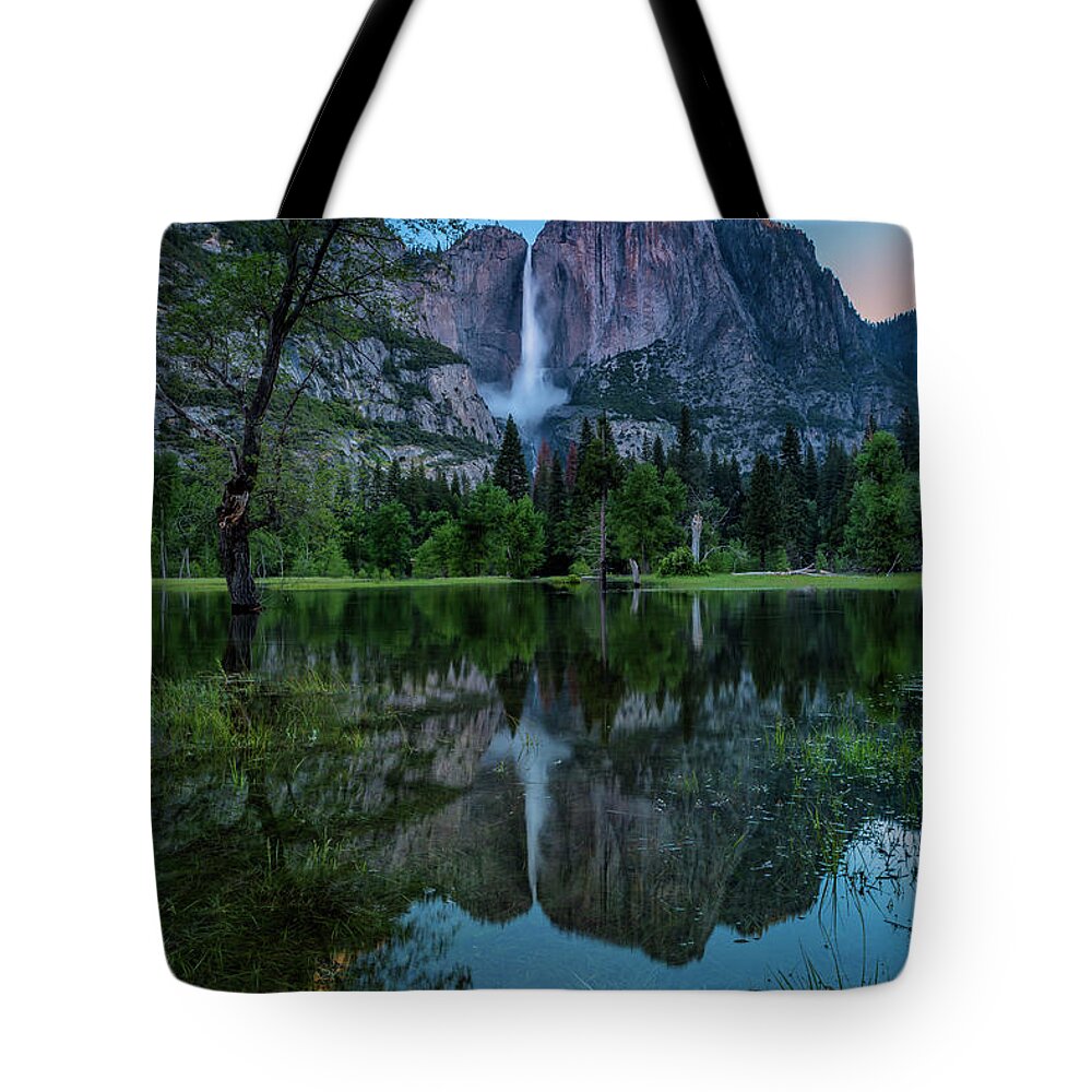 Merced River Tote Bag featuring the photograph Yosemite Falls Reflection #1 by Doug Holck