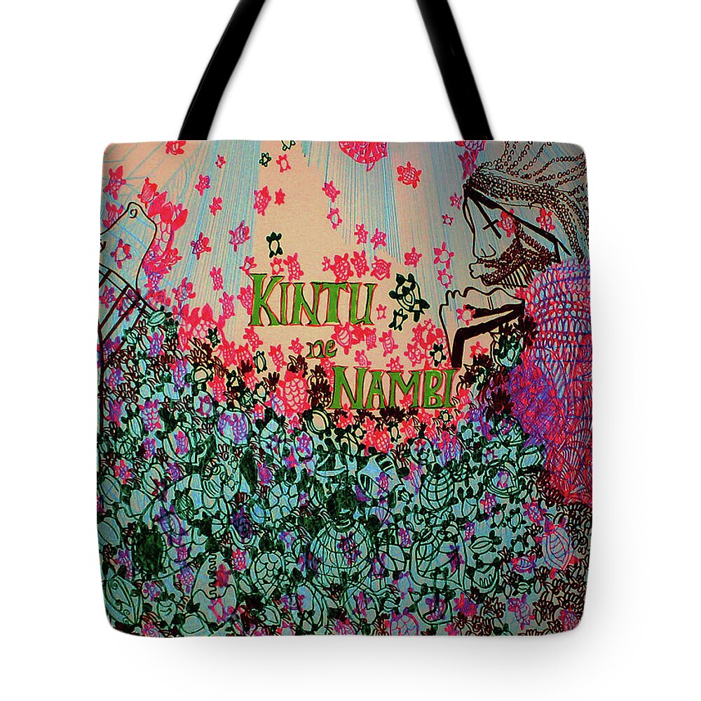Jesus Tote Bag featuring the painting Kintu and Nambi The Serenade #10 by Gloria Ssali
