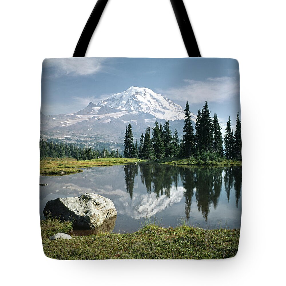 104862h Tote Bag featuring the photograph 104862-H Mt. Rainier Spray Park Reflect by Ed Cooper Photography