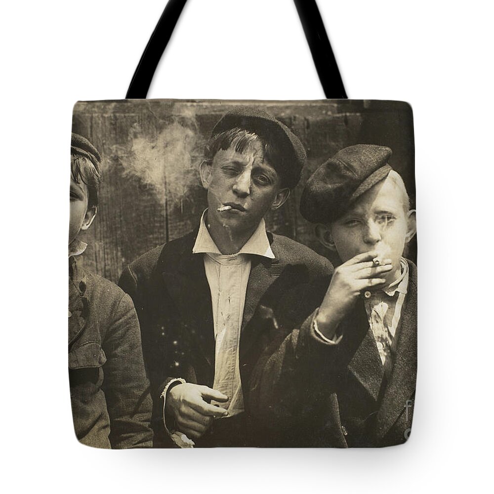 Hine Tote Bag featuring the photograph 11 AM Monday, May 9th, 1910 Newsies at Skeeters Branch, Jefferson near Franklin, St Louis by Lewis Wickes Hine