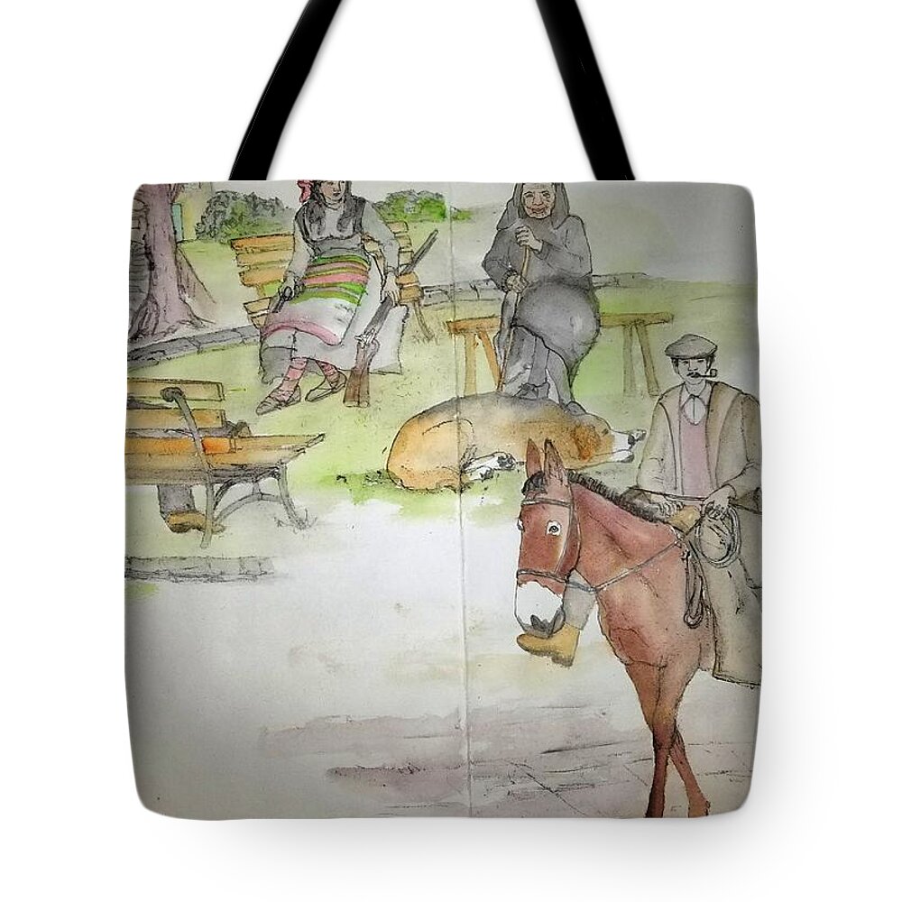 Italy. Figures. Donkey Tote Bag featuring the painting Italy the red and green of it album #12 by Debbi Saccomanno Chan