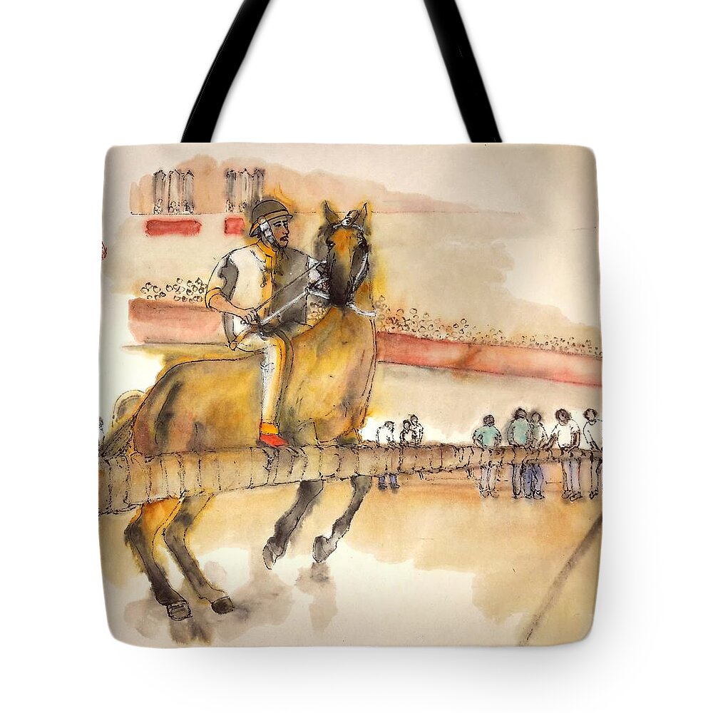 Il Palio. Horserace. Siena. Italy. .medieval. Event. Lupa Contrada Tote Bag featuring the painting Siena and their Palio album #12 by Debbi Saccomanno Chan