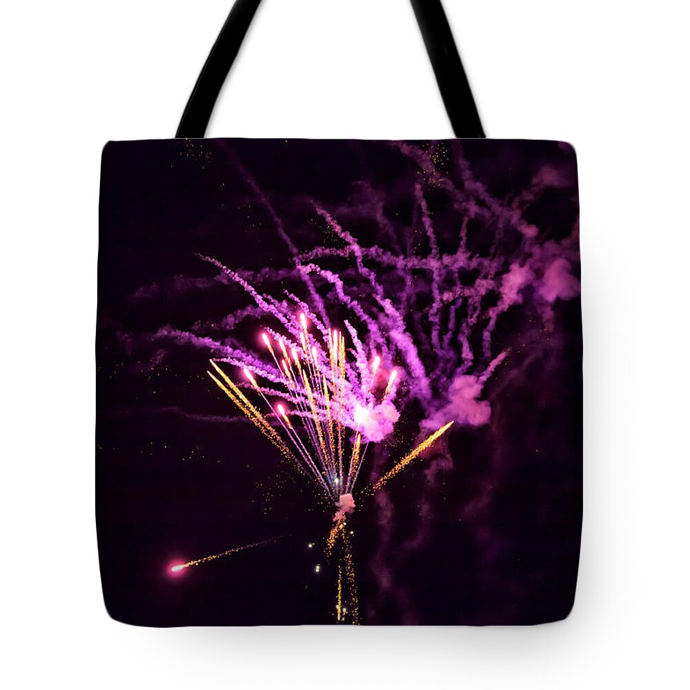 Black Tote Bag featuring the photograph A shining colorful firework #13 by Gina Koch
