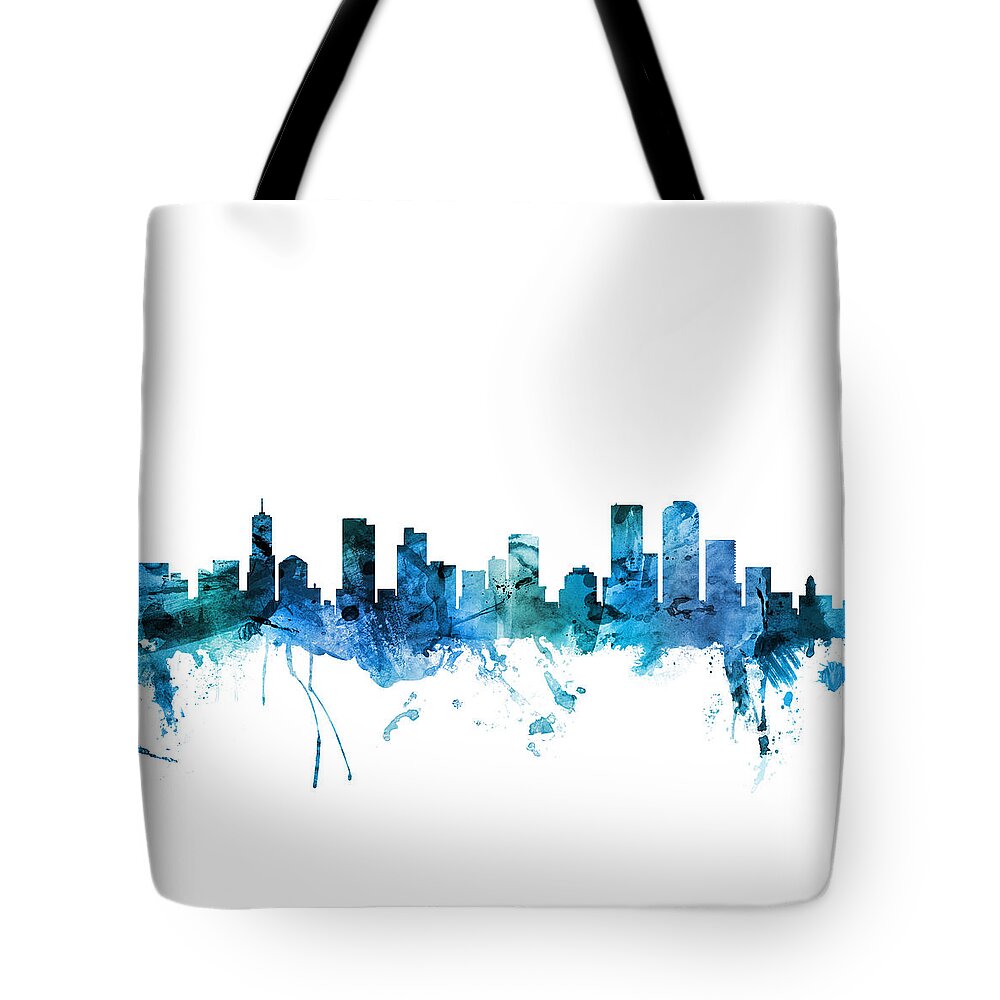 Denver Tote Bag featuring the digital art Denver Colorado Skyline by Michael Tompsett