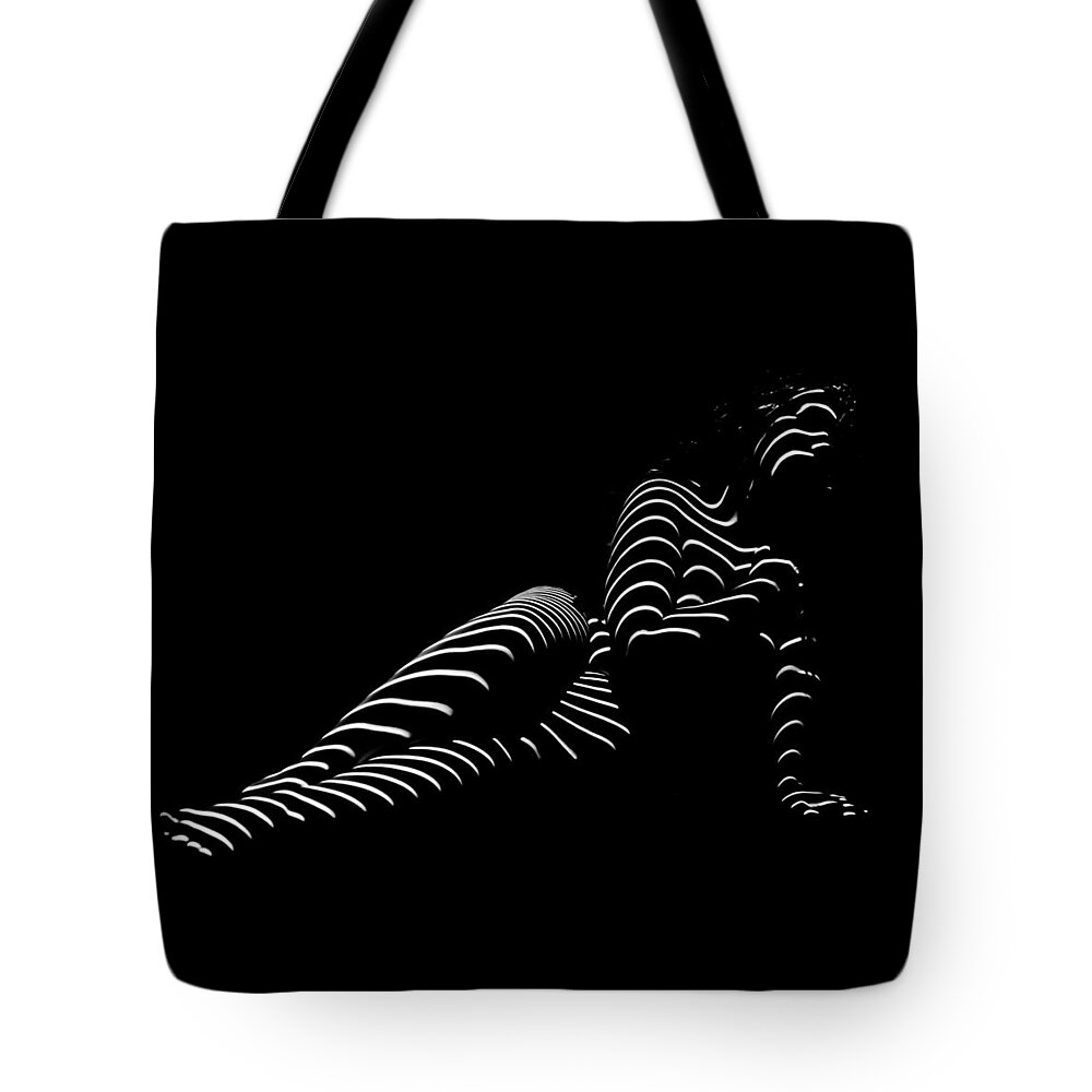 Woman Tote Bag featuring the photograph 1370-TND Zebra Woman Striped Woman Black and White Abstract Photo by Chris Maher by Chris Maher
