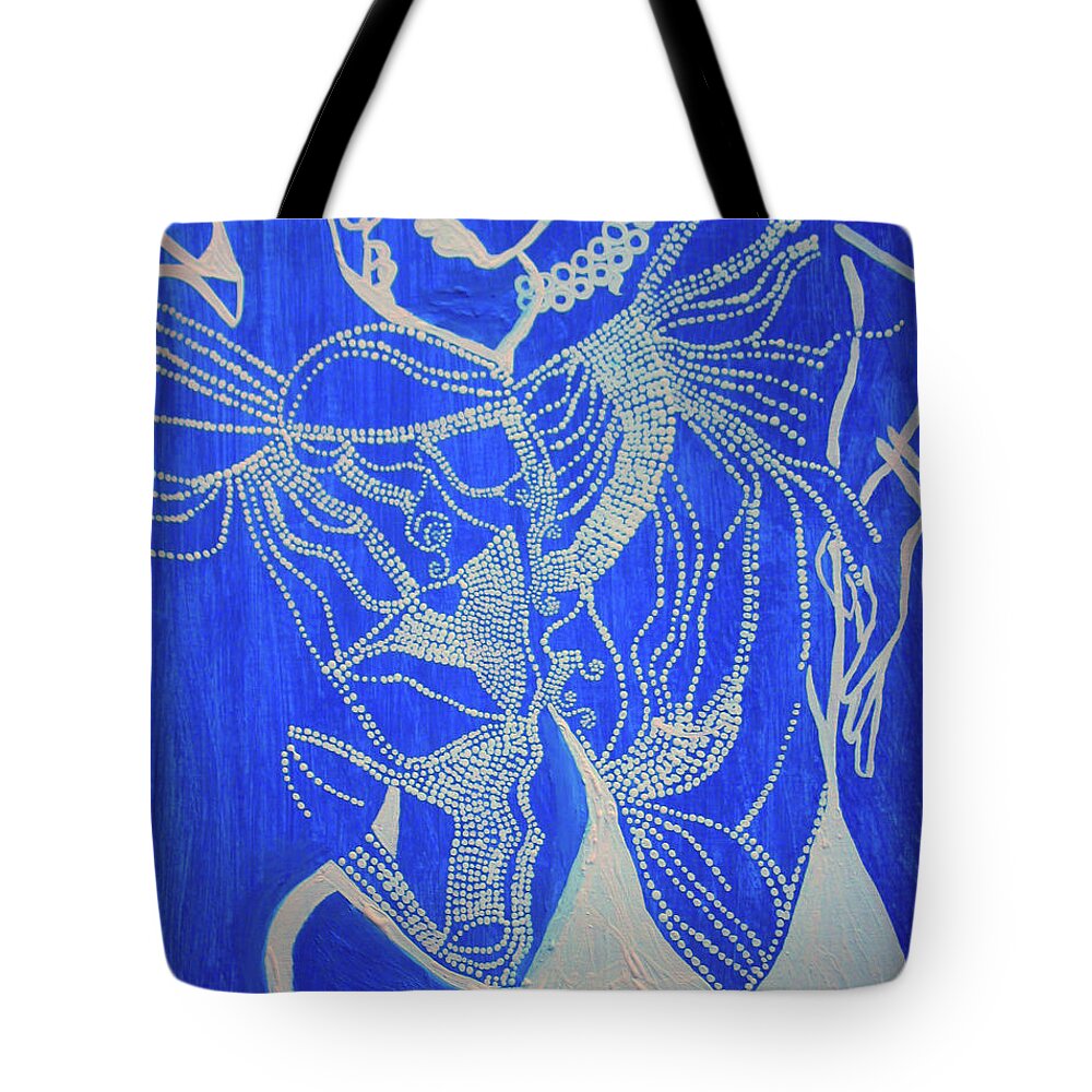 Jesus Tote Bag featuring the painting Dinka in Blue - South Sudan #15 by Gloria Ssali
