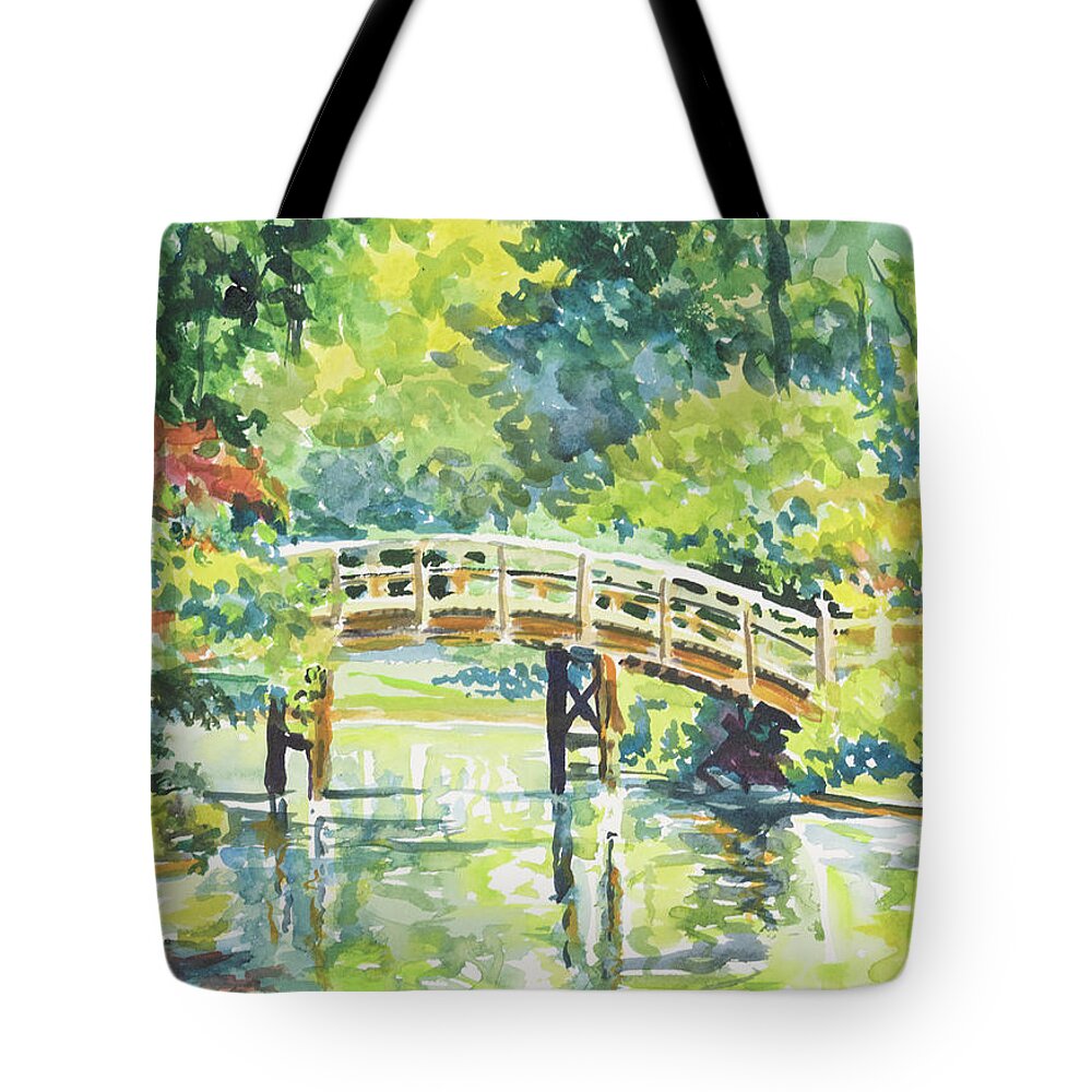 Missouri Botanical Garden Tote Bag featuring the painting 159 Mobot Japanese Bridge by Marilynne Bradley